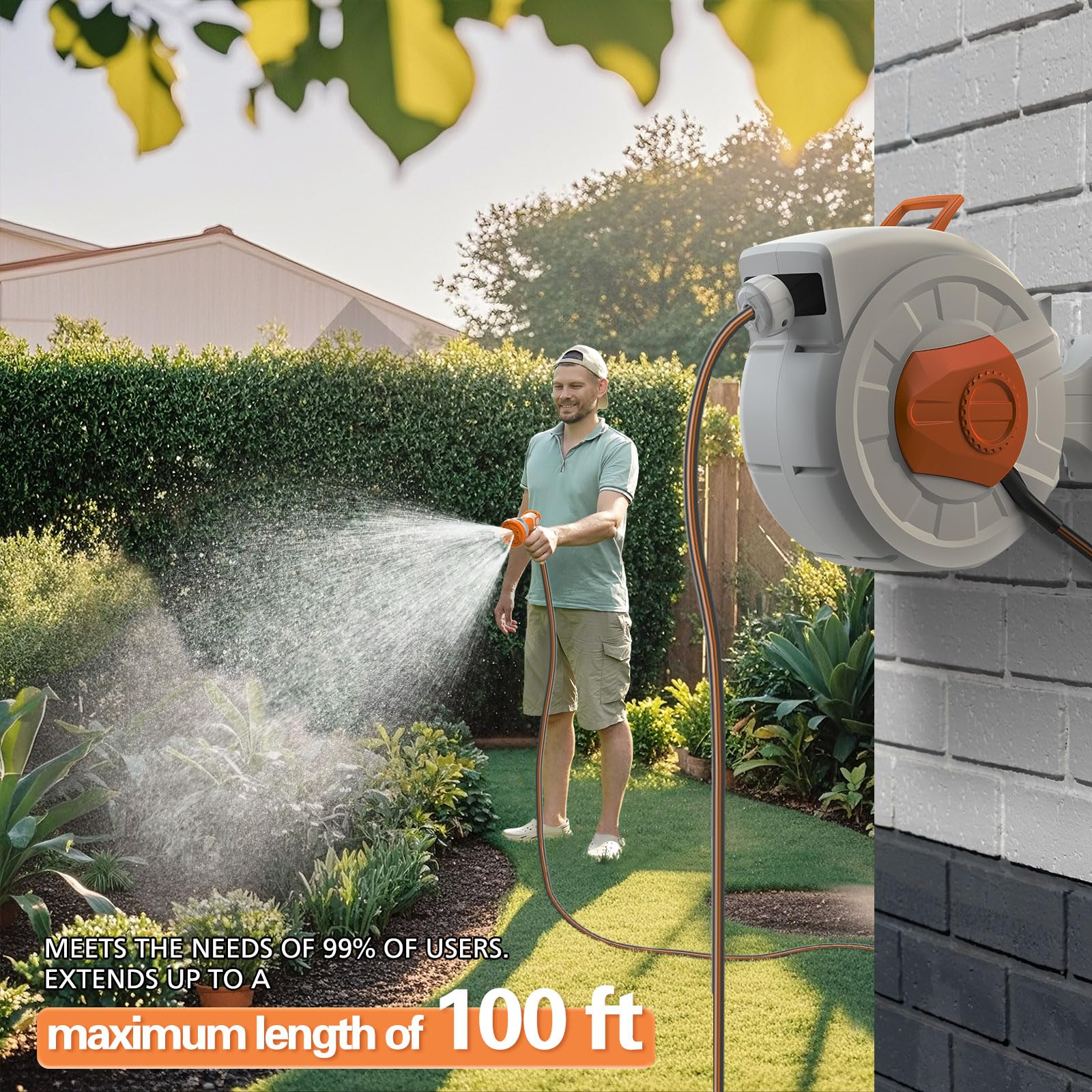 Wall-mounted retractable hose reel in use