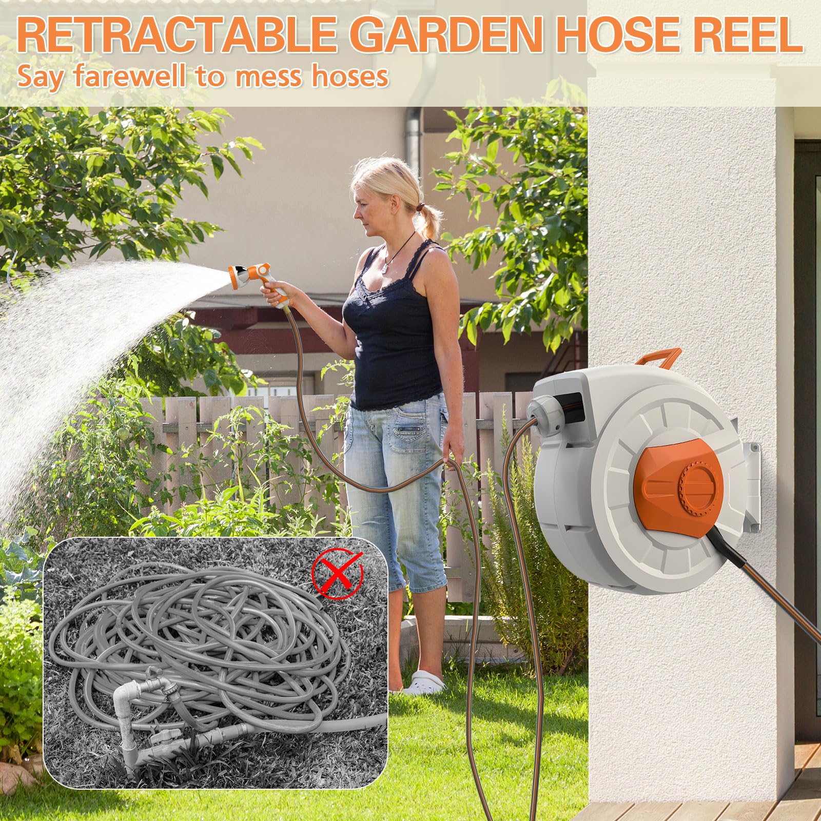 Wall-mounted retractable hose reel in use