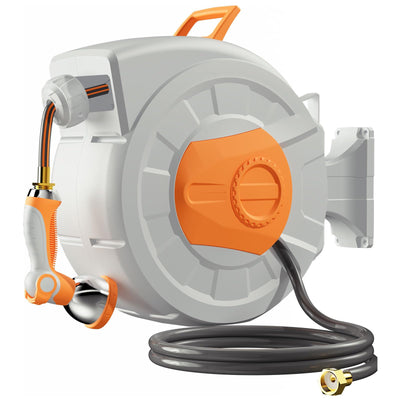 Wall-mounted retractable hose reel in use