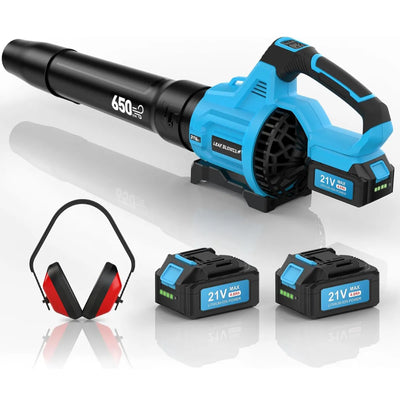 Cordless leaf blower clearing leaves